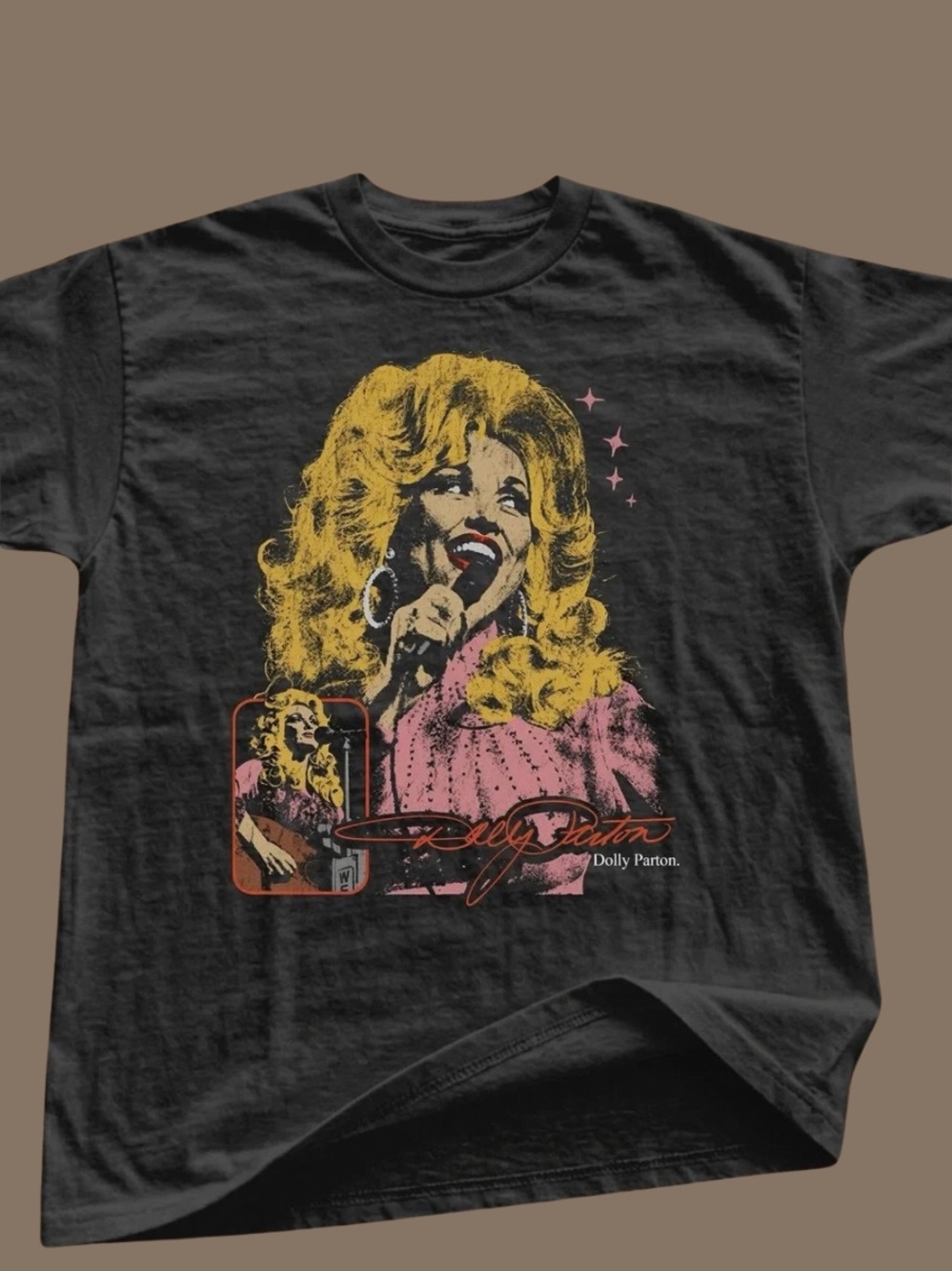 Black Dolly Parton Graphic Tee - Yellow & Pink Print